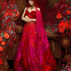 Woman in Red Gown Among Lush Florals