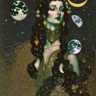 Dark-haired woman in gold-trimmed teal clothing under celestial night sky