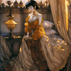 Detailed Illustration: Woman in Golden Dress on Luxurious Bed