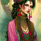 Colorful portrait of woman with teal headdress, beads, flowers, and pink garment