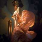 Elegant woman in peach dress under moonlit backdrop