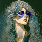 Illustration: Woman with curly gray hair, round sunglasses, red lipstick, gold jewelry