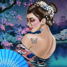 Illustrated woman with intricate floral hairstyle and delicate gown in lush purple flower setting