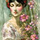 Young woman portrait with serene expression and floral adornments.