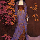 Traditional Asian attire painting of elegant lady with umbrella amid autumn leaves