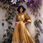 Woman in Gold Gown Surrounded by Purple Flowers and Green Vines