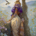 Ethereal woman in purple and gold dress surrounded by flowers and butterflies