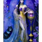 Illustration of woman in purple and gold attire with lantern, black cat, roses.