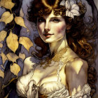 Illustrated woman in off-shoulder golden corset dress with curly hair among yellow leaves