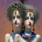 Identical females with ornate headdresses and golden jewelry in white blouses