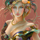 Ethereal woman with flowers and jewelry in golden and purple hues