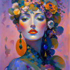 Colorful artwork of woman with floral headdress in purple, blue, and orange