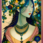 Colorful artwork: Woman with blue skin and floral surroundings