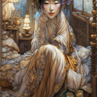 Illustrated woman in ornate attire sipping tea in elegant setting