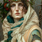 Ethereal woman with floral wreath in ornate garments