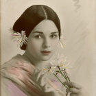 Young woman portrait with yellow flowers and butterflies on soft background