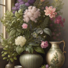 Floral arrangement in green vase with jug by window