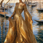 Woman in ornate golden traditional attire by calm waterfront boats