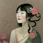 Illustration of woman with pale skin and dark hair in floral attire with cherry blossom backdrop