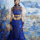 Regal woman in purple dress with golden embellishments surrounded by serene maidens in mystical waterscape