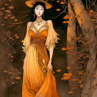 Illustrated woman in yellow dress under moonlit sky with blooming branches