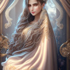 Ethereal woman with wavy hair in glowing gown and floral accessory