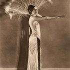 Stylized woman in ornate white gown with flowers and birds on sepia background