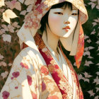 Pale woman in floral headscarf amid cherry blossoms