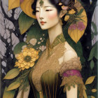 Detailed Artwork: Woman in Golden Gown with Floral Accessories