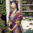 Traditional Asian Attire Woman Poses in Serene Garden