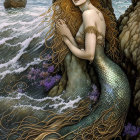 Mermaid with Long Flowing Hair and Seahorse in Vibrant Undersea Flora