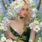 Stylized portrait of woman with celestial dress and flower backdrop