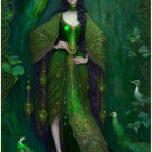 Ethereal woman in peacock attire with real peacock and candles in lush green setting