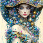 Elaborate Hat and Jewelry with Pearls and Gold Details on Woman Against Colorful Background