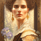 Detailed painting of woman with intricate earrings, attire, and styled hair framed by golden patterns