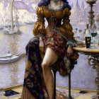 Regal woman in intricate gown at table overlooking fantasy cityscape