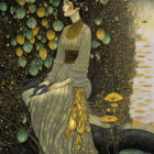 Art Nouveau Woman in Golden Dress with Floral Background