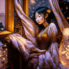 Illustrated woman in traditional attire gazes out window at night with lanterns and fireworks.