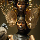 Stylized female figures with ornate gold headpieces on dark background