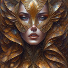 Digital artwork featuring woman with ornate gold patterns, shimmering eyes, and plumage-like adornments