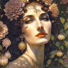 Woman with Golden Jewelry and Tattoos in Art Nouveau Style