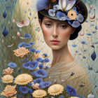 Illustrated woman with dark hair and floral adornments in blue and gold.