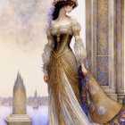 Detailed illustration of woman in ornate dress by tall columns