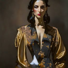 Portrait of Woman in Ornate Golden Attire with Dark Hair