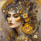 Woman portrait with ornate headpiece and floral halo on golden background