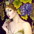 Stylized portrait of woman with grapes in grapevine setting