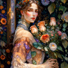 Woman with Floral Crown and Bouquet in Flower-Filled Setting with Golden Frame