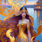 Illustrated female figure in golden robes on twilight seascape with ship and towers