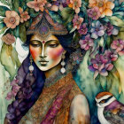 Illustrated woman with elaborate headdress, roses, butterflies, jewelry, and mystical aura