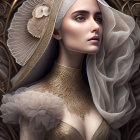 Pale-skinned woman with intricate gold patterns and feathers in elegant jewelry